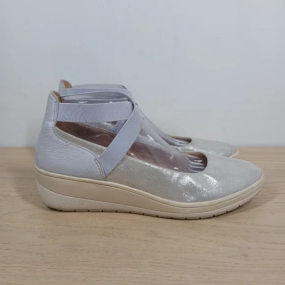 Vionic Ellery Silver Metallic Leather Ankle Strap Comfort Wedge Flats 1352 - Picture 6 of 12